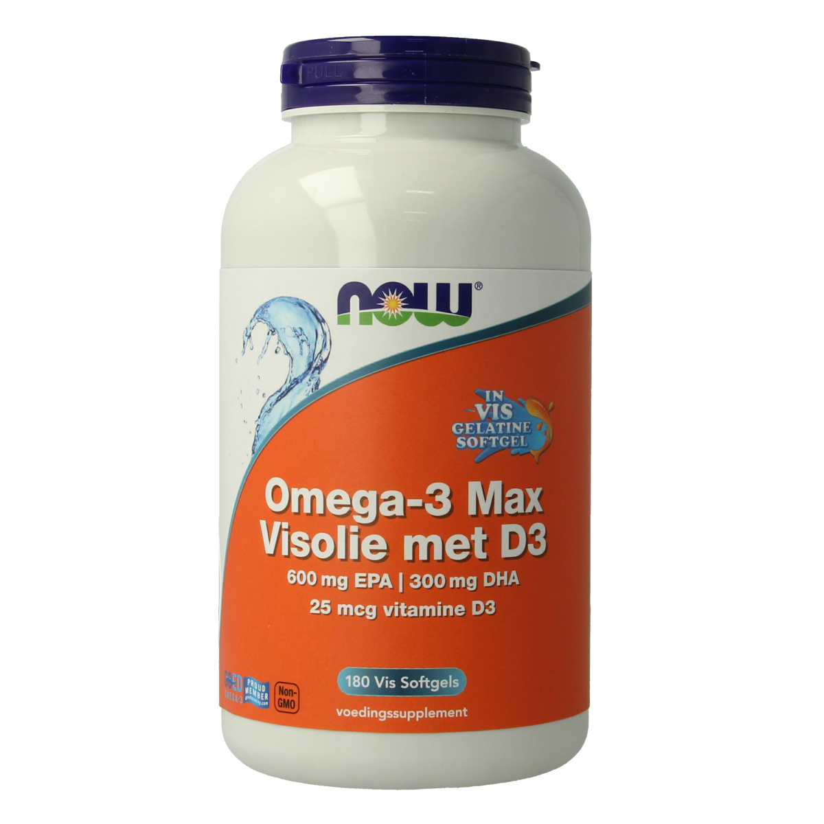 NOW Omega 3 Max softgels with D3, EPA, DHA, in a bottle, showing the supplement capsules for heart and brain health.