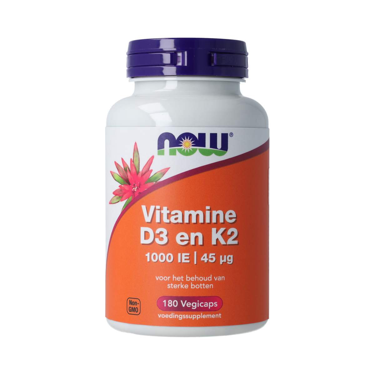 NOW Vitamine D3 and K2 vegetarian capsules, 1000 IU and 45 mcg, in a bottle with colorful capsules.