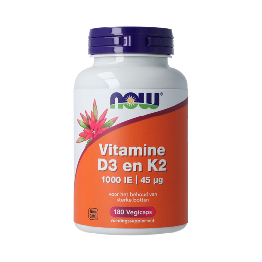 NOW Vitamine D3 and K2 vegetarian capsules, 1000 IU and 45 mcg, in a bottle with colorful capsules.