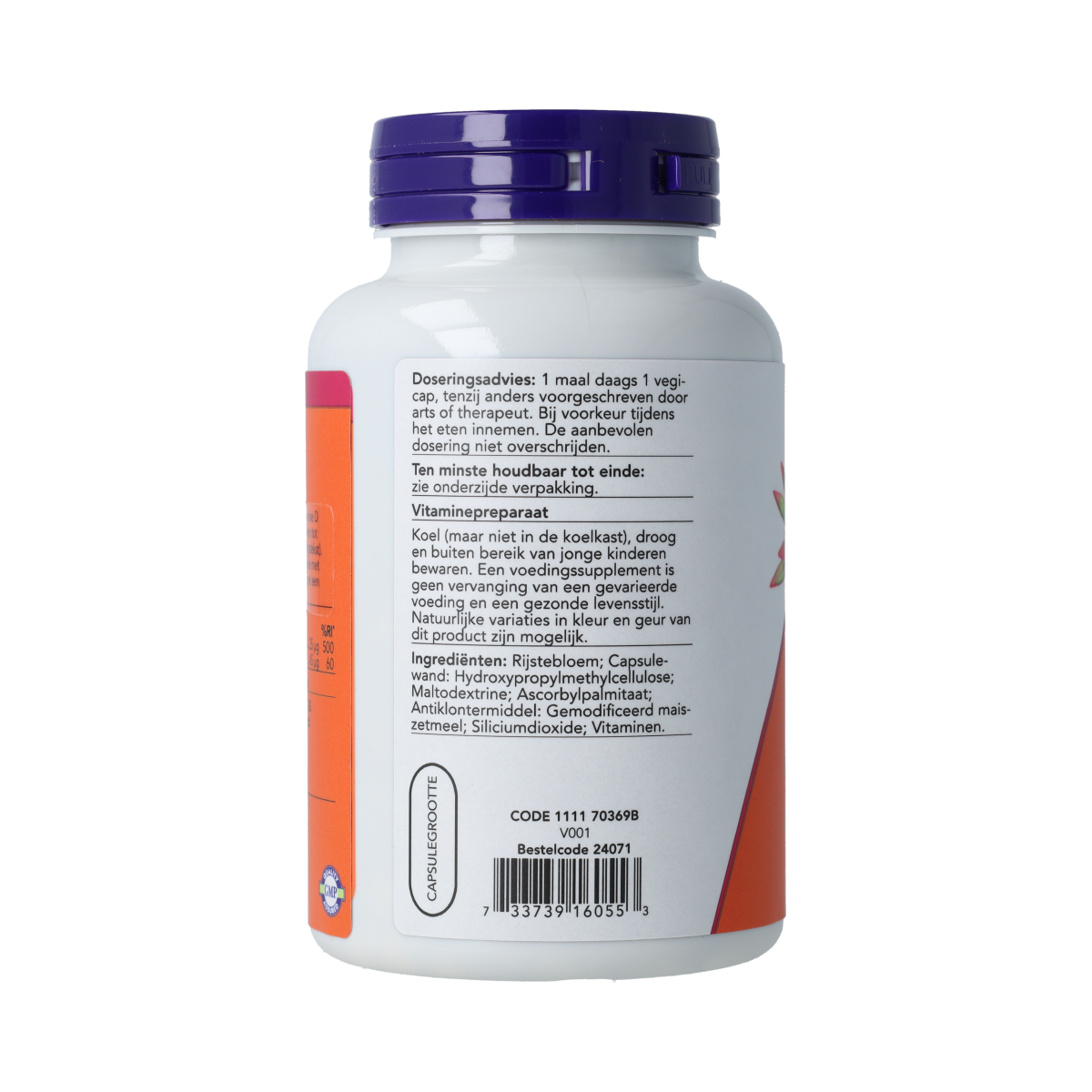 NOW Vitamine D3 and K2 vegetarian capsules, 1000 IE and 45 mcg, in a bottle with colorful label and capsules visible.
