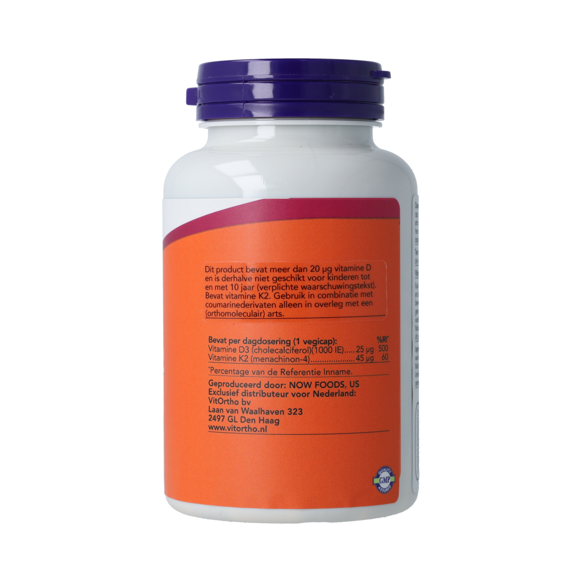 NOW Vitamine D3 and K2 vegetarian capsules, 1000 IU and 45 mcg, supplement in a white bottle with capsules inside