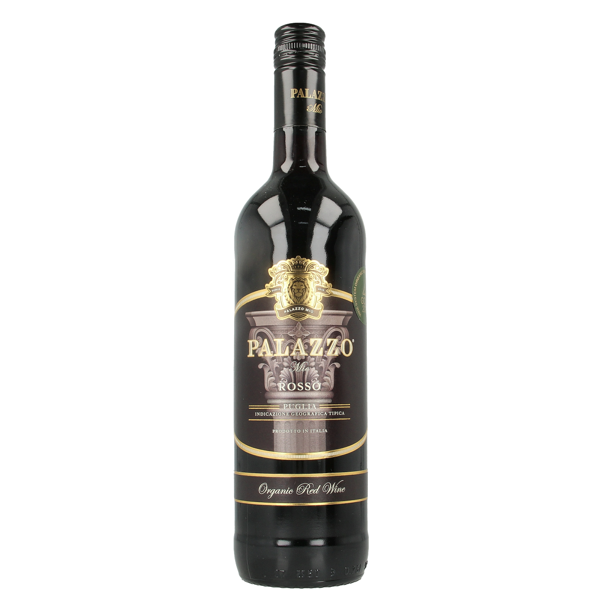 Bottle of Palazzo Mio Rosso bio red wine in a 750ml bottle, showcasing the wine label and glass of red wine.
