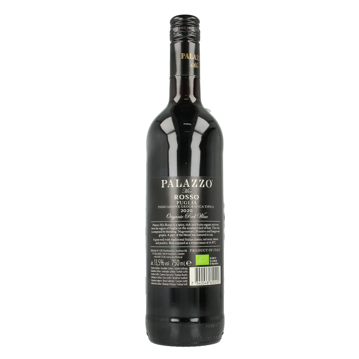 Bottle of Palazzo Mio Rosso bio red wine in 750ml glass, featuring a deep red color and elegant label.