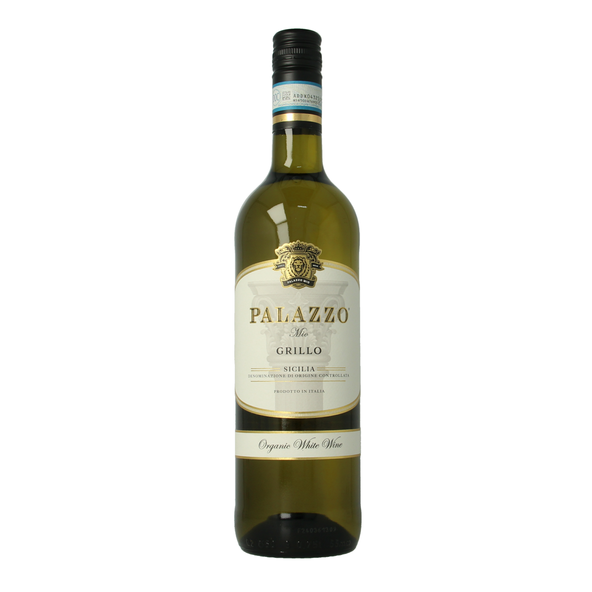 Palazzo Palazzo Mio grillo wit bio wine in a 750ml bottle, featuring a clear label and golden liquid inside.