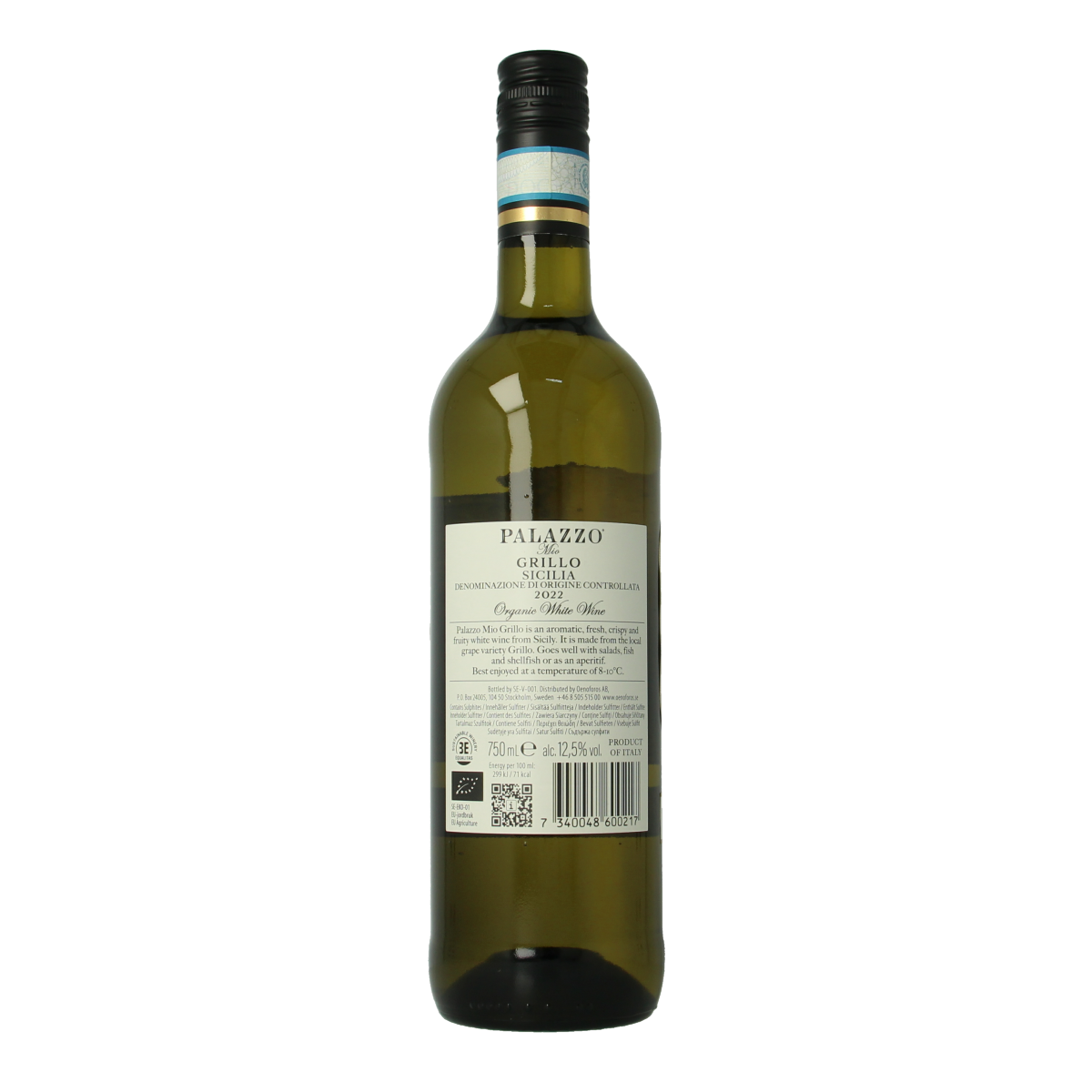 Palazzo Mio Grillo Wit Bio wine in a 750ml bottle, featuring a clear label with the Palazzo branding and a golden cap.
