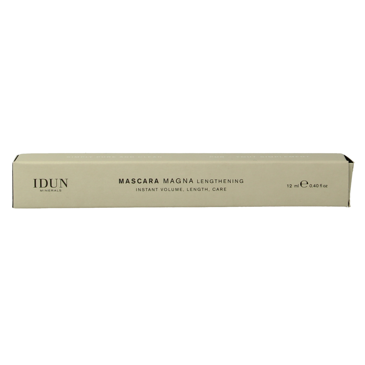 Idun Minerals Mascara magna lengthening makeup tube with black mascara brush and product label, 12 ml.