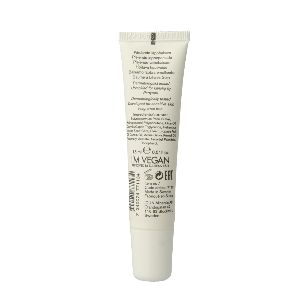 Idun Minerals Lipverzorging lip balm care and repair cream in 15ml tube, designed for nourishing and healing lips