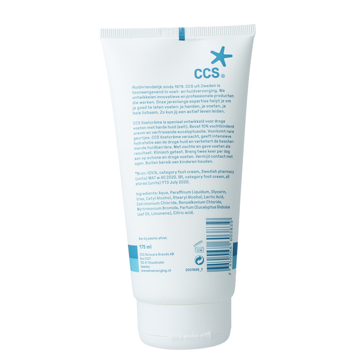 CCS Voetcreme in 175ml tube, moisturizing foot care product with soothing ingredients for soft, healthy feet.