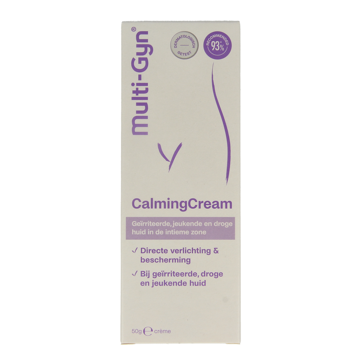 Multi GYN Calming cream in 50g jar, soothing body care product with gentle, calming formula for sensitive skin.