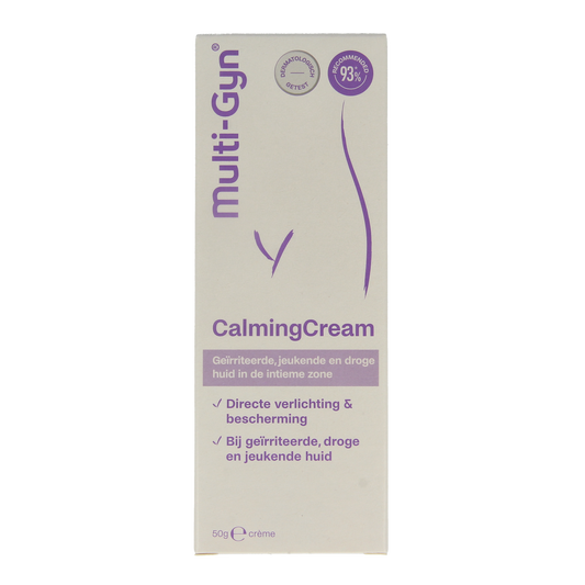 Multi GYN Calming cream in 50g jar, soothing body care product with gentle, calming formula for sensitive skin.