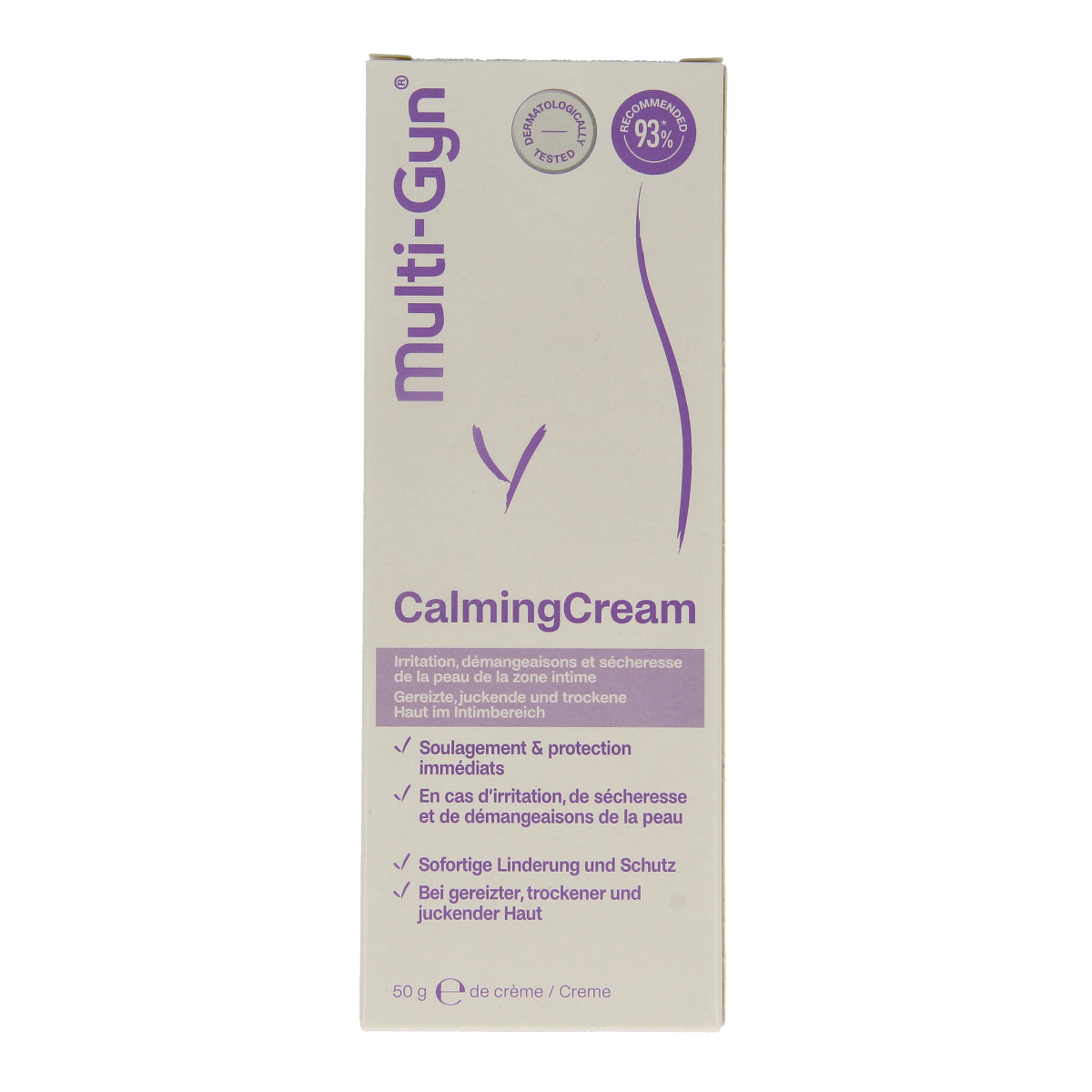 Multi GYN Calming cream in 50g tube, a soothing body care product for gentle skin relief and hydration.