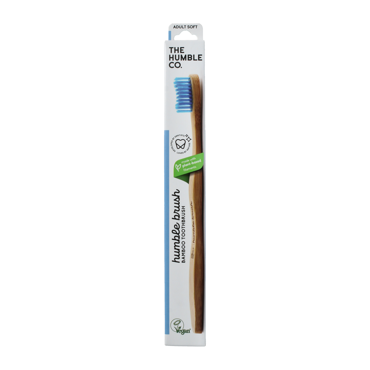 Blue bamboo toothbrush by The Humble Co for adults with soft bristles, shown with one toothbrush in the image.