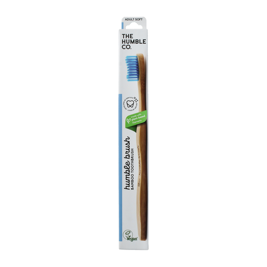Blue bamboo toothbrush by The Humble Co for adults with soft bristles, shown with one toothbrush in the image.