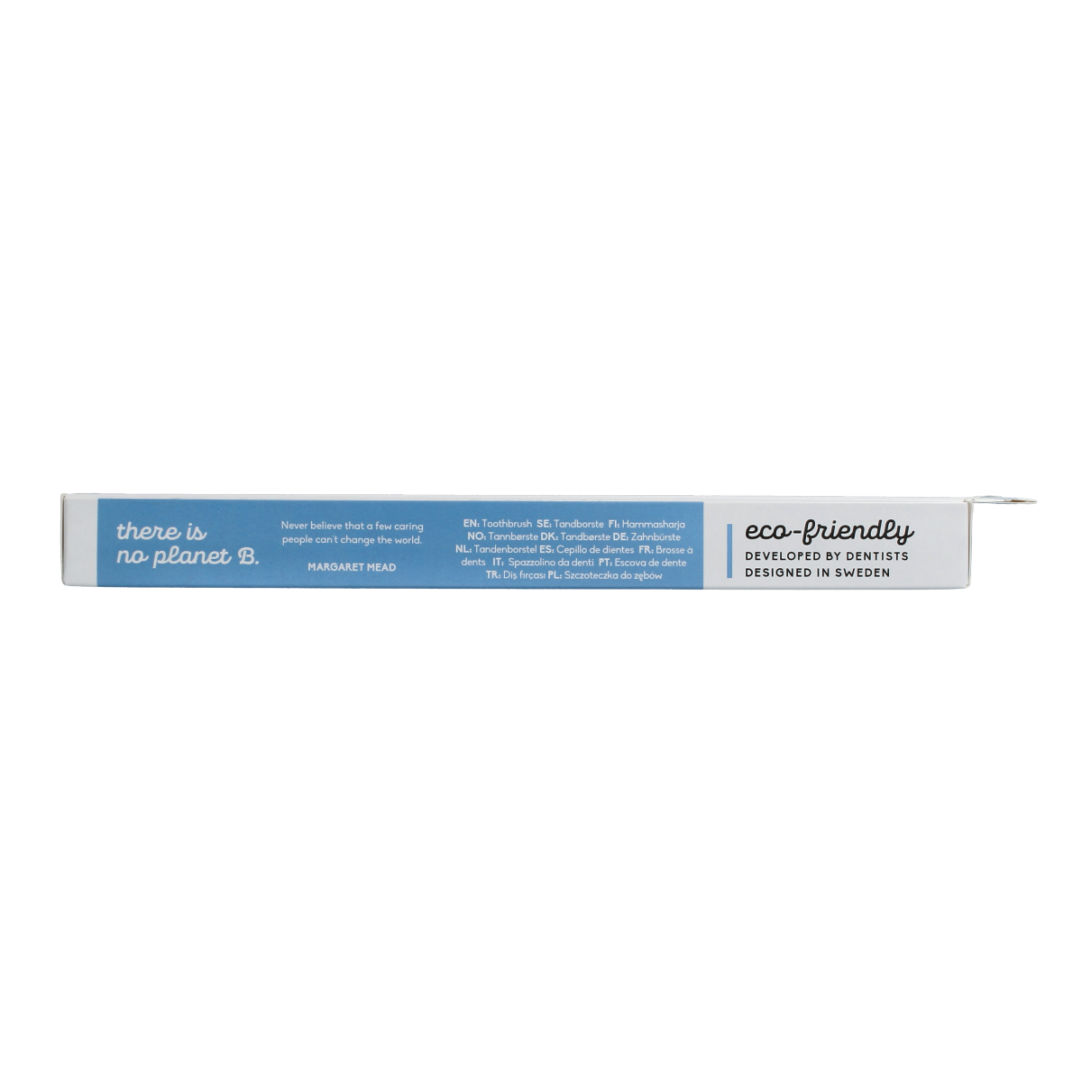 Blue bamboo adult toothbrush by The Humble Co with soft bristles, shown with the toothbrush and packaging.