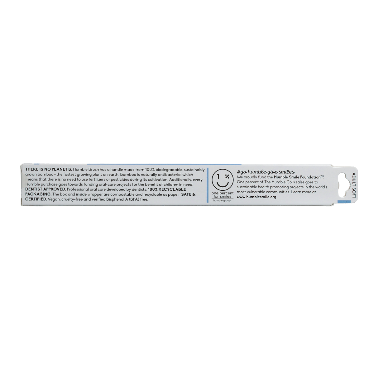 Blue bamboo toothbrush for adults by The Humble Co with soft bristles, natural and eco-friendly dental care product.