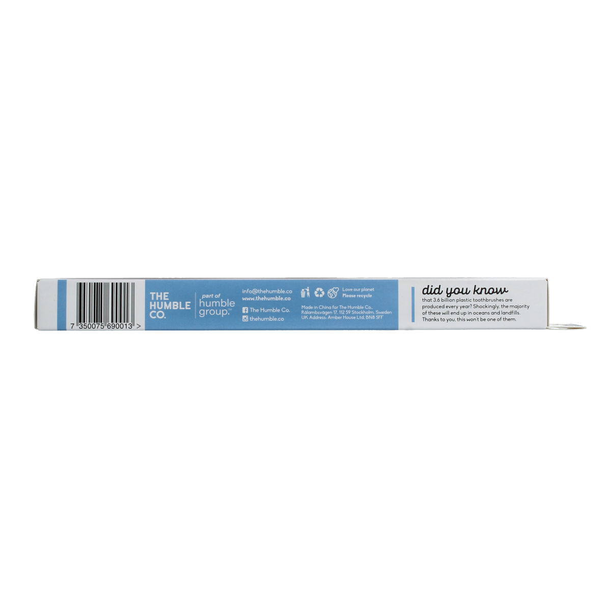 Blue bamboo toothbrush by The Humble Co for adults with soft bristles, shown with a sleek handle and eco-friendly design.