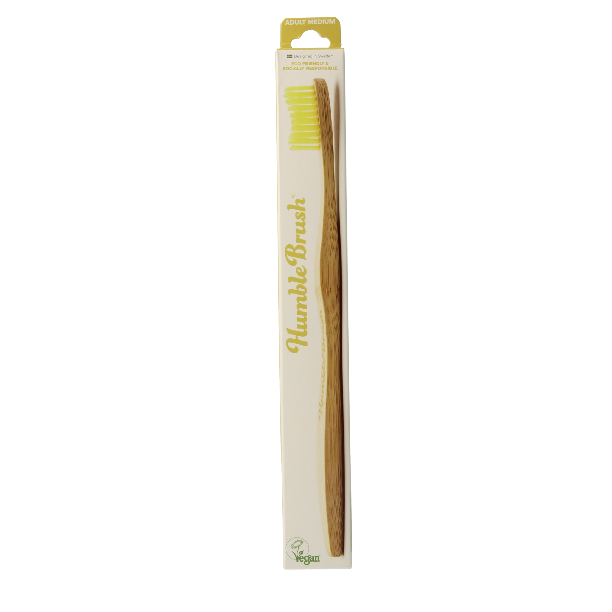The Humble Co bamboo medium toothbrush in yellow, natural wooden handle, placed on a white background.