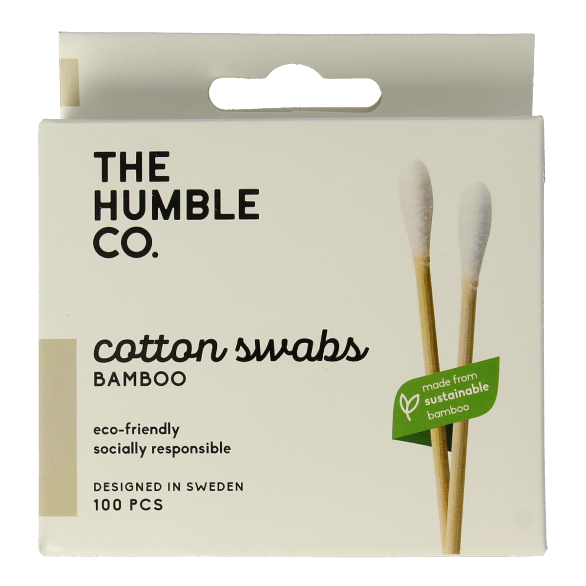 Bamboo cotton swabs for ear care by The Humble Co, 100-pack, white, eco-friendly wooden sticks for gentle ear cleaning.