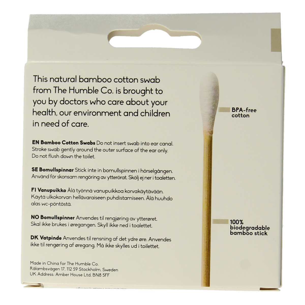 Box of 100 white bamboo ear cleaning swabs from The Humble Co, eco-friendly ear care product with biodegradable tips.