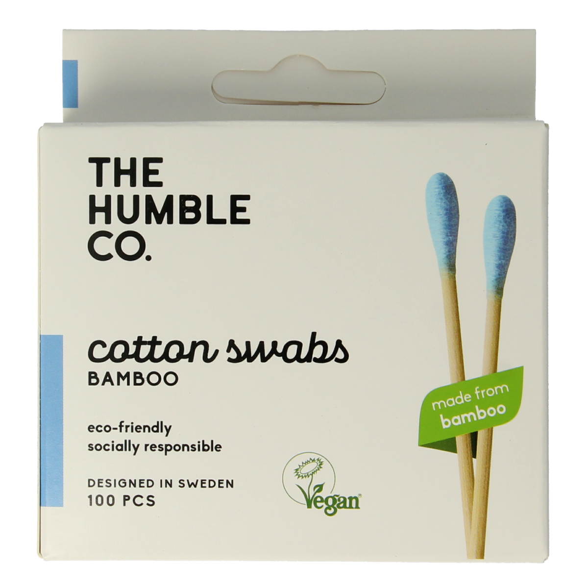 Blue bamboo cotton swabs for ear care by The Humble Co, 100-pack, eco-friendly and gentle ear cleaning sticks.