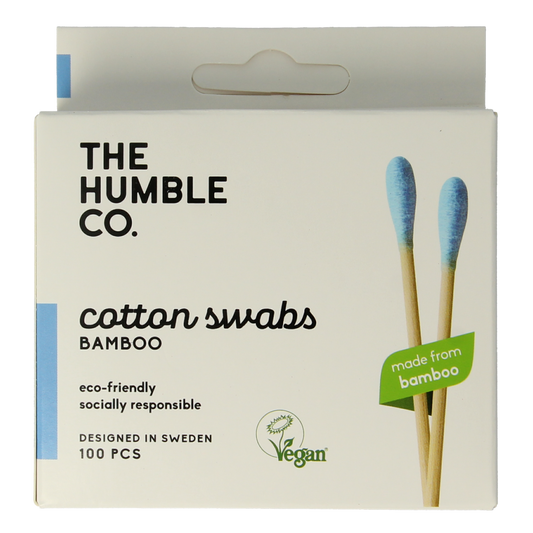 Blue bamboo cotton swabs for ear care by The Humble Co, 100-pack, eco-friendly and gentle ear cleaning sticks.