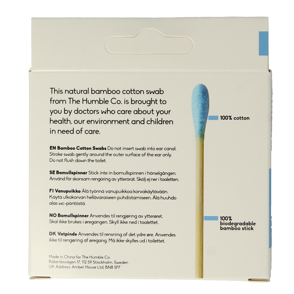 Blue bamboo cotton swabs for ear care by The Humble Co, 100-pack, eco-friendly and gentle ear cleaning tools.