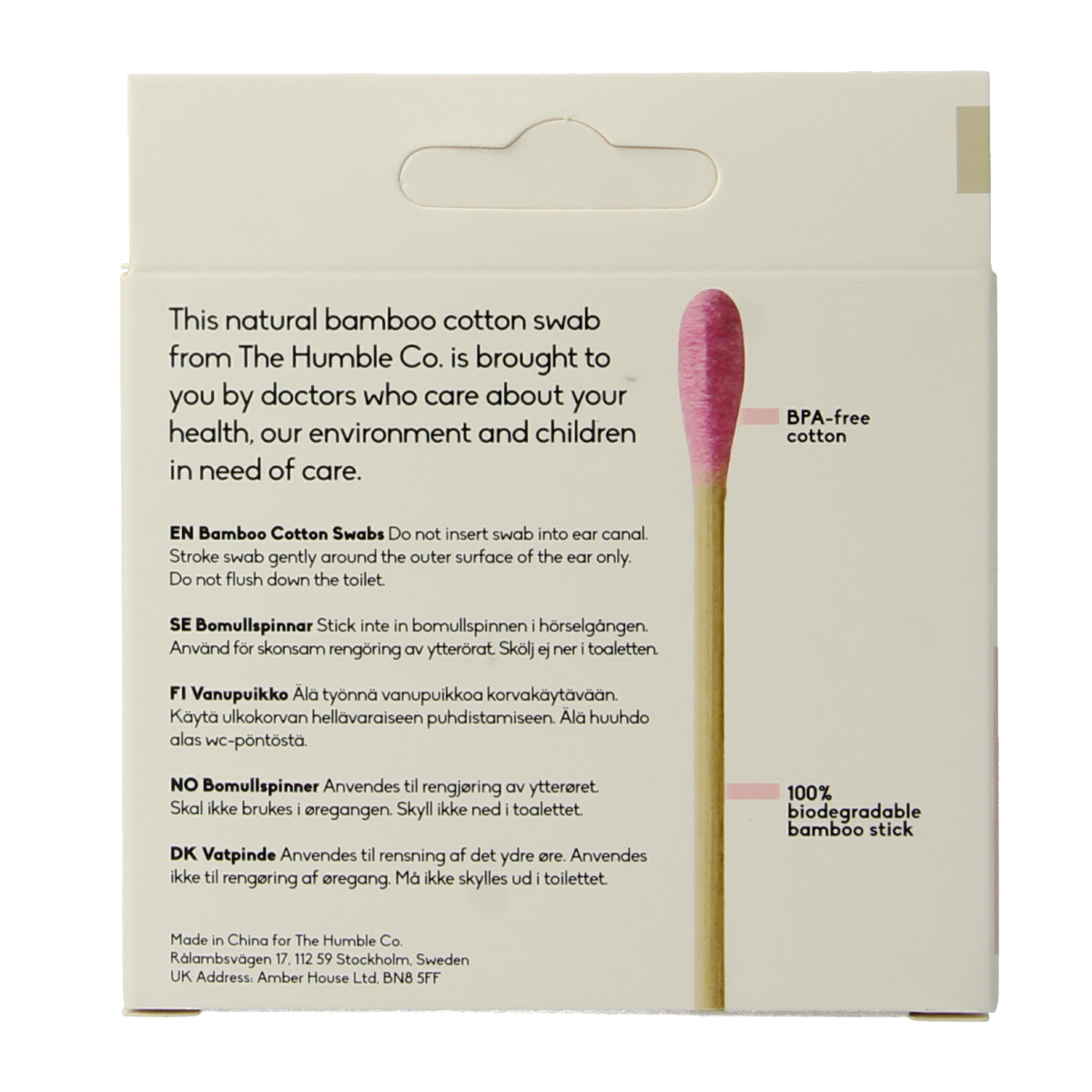 Purple bamboo cotton swabs for ear care by The Humble Co, shown in a box of 100 reusable ear cleaning sticks.