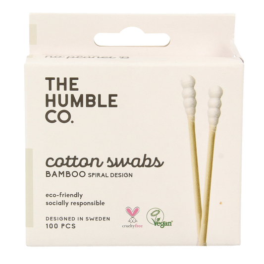 Spiraal wattenstaafjes van The Humble Co in wit, 100 stuks, geschikt voor baby en peuter verzorging, zachte katoen en duurzame verpakking.