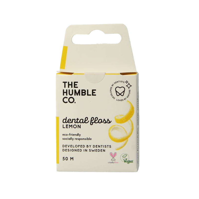 The Humble Co lemon dental floss, 50 meters, for oral hygiene, shown in the image with packaging and dental floss strand.