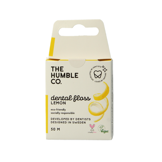 The Humble Co lemon dental floss, 50 meters, for oral hygiene, shown in the image with packaging and dental floss strand.