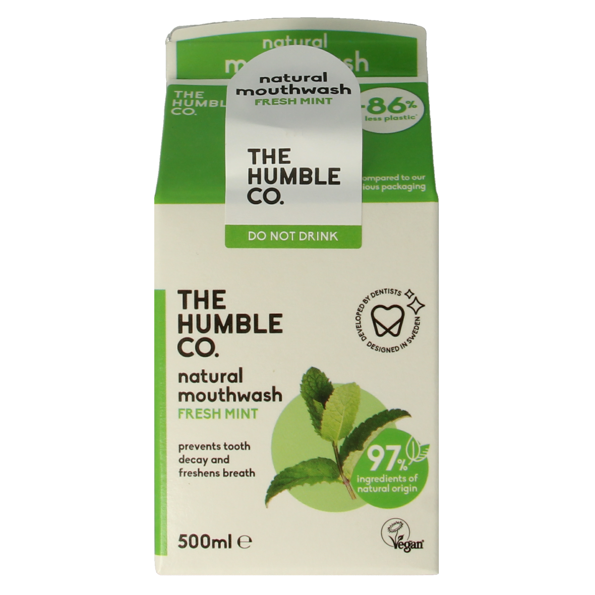 The Humble Co Mondwater fresh mint in a 500ml bottle, natural mouthwash for fresh breath, featuring mint flavor and eco-friendly packaging.
