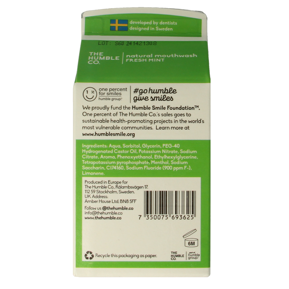 The Humble Co Mondwater fresh mint in 500ml bottle, a mouthwash with fresh mint flavor and mouth care benefits.