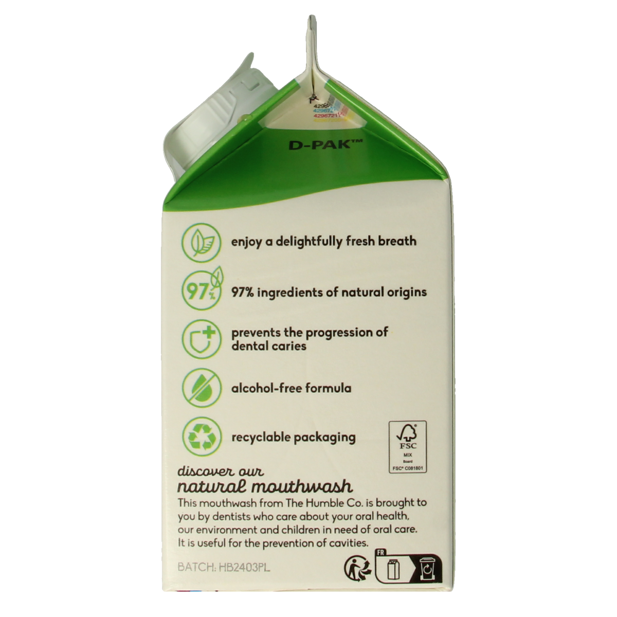 The Humble Co Mondwater fresh mint 500ml bottle, natural mouthwash with mint flavor, in clear plastic packaging.