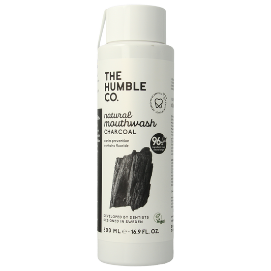 The Humble Co Mondwater Charcoal 500ml bottle, natural mouth rinse with charcoal, in a clear plastic container with a label.