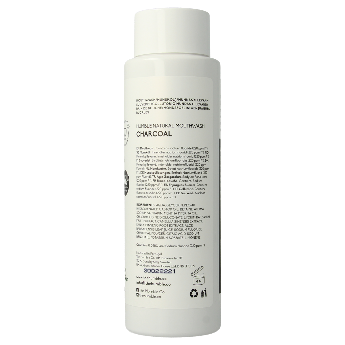 The Humble Co Mondwater Charcoal mouthwash bottle, 500ml, natural mouth rinse with activated charcoal for fresh breath.