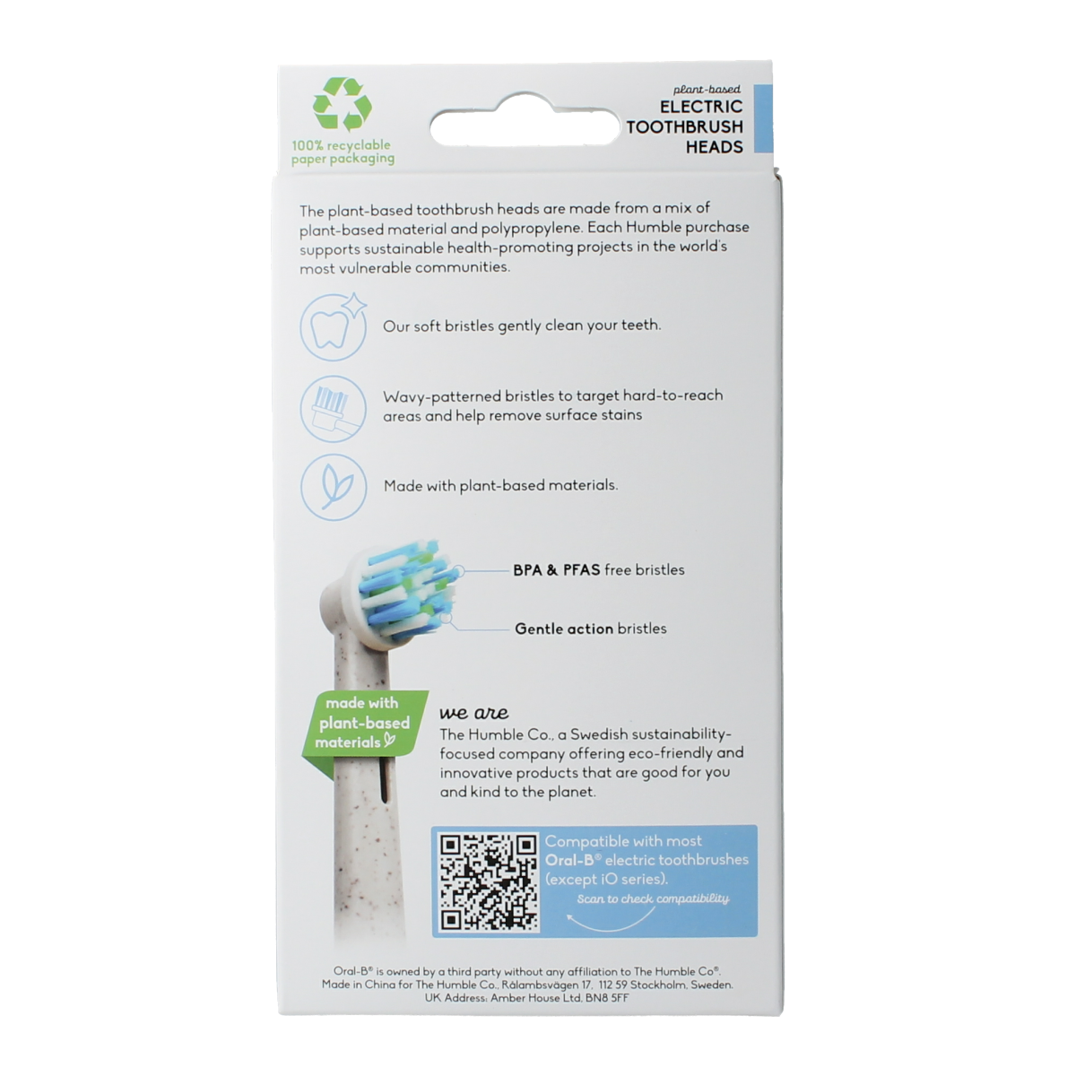 Set of four The Humble Co plant-based toothbrushes with soft bristles, natural handle, and eco-friendly design.