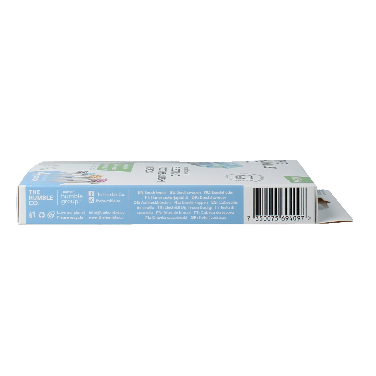 Set of four plant-based toothbrushes by The Humble Co, featuring eco-friendly design and soft bristles for gentle oral care.
