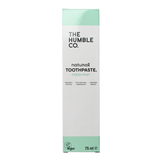 The Humble Co natural fresh mint toothpaste in a 75ml tube, featuring a clean design and mint flavor for oral freshness.