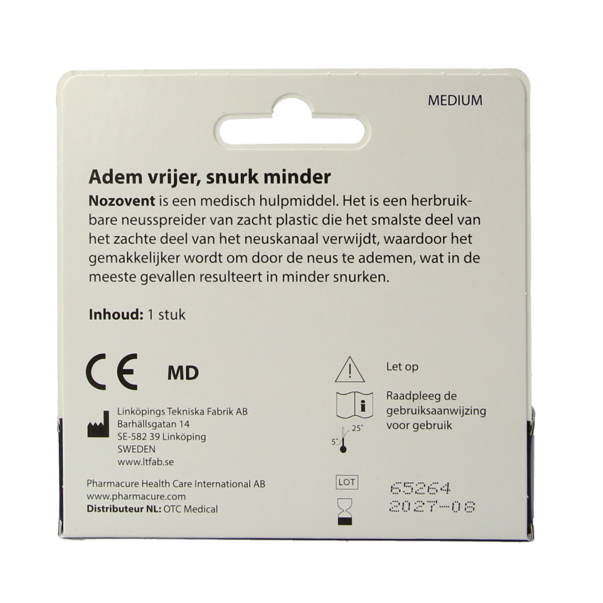 Nozovent Neusspreider maat M for nasal care and inhalation, showing a clear plastic device on a white background.