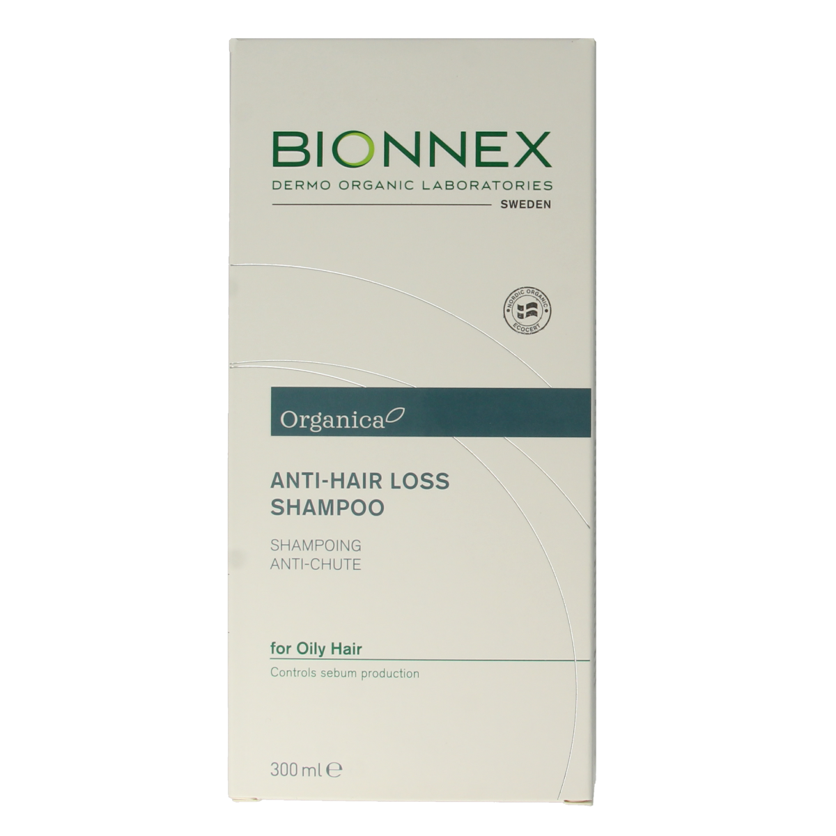 Bionnex anti-hair loss shampoo for oily hair, 300ml, shown in a clear bottle with label, part of hair care products.