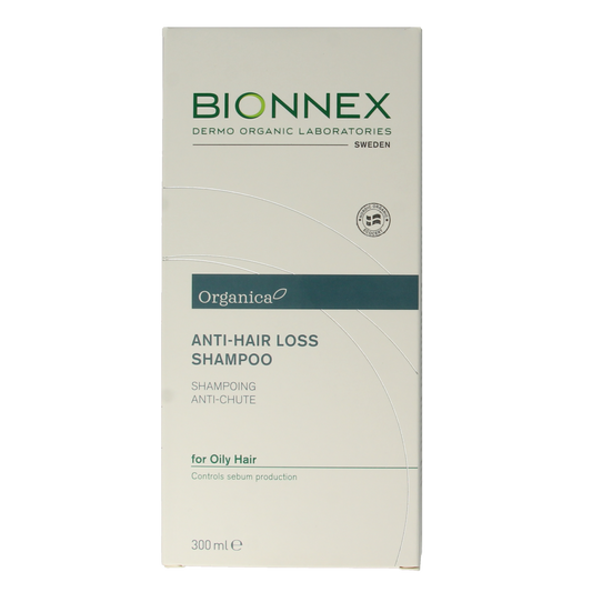 Bionnex anti-hair loss shampoo for oily hair, 300ml, shown in a clear bottle with label, part of hair care products.
