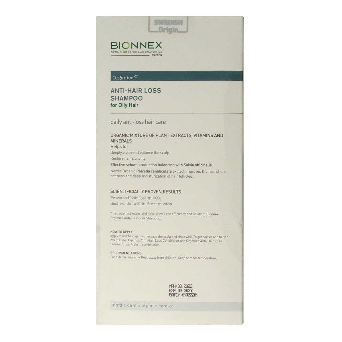 Bionnex anti-hair loss shampoo for oily hair in 300ml bottle, showing the product with a clean, professional label.