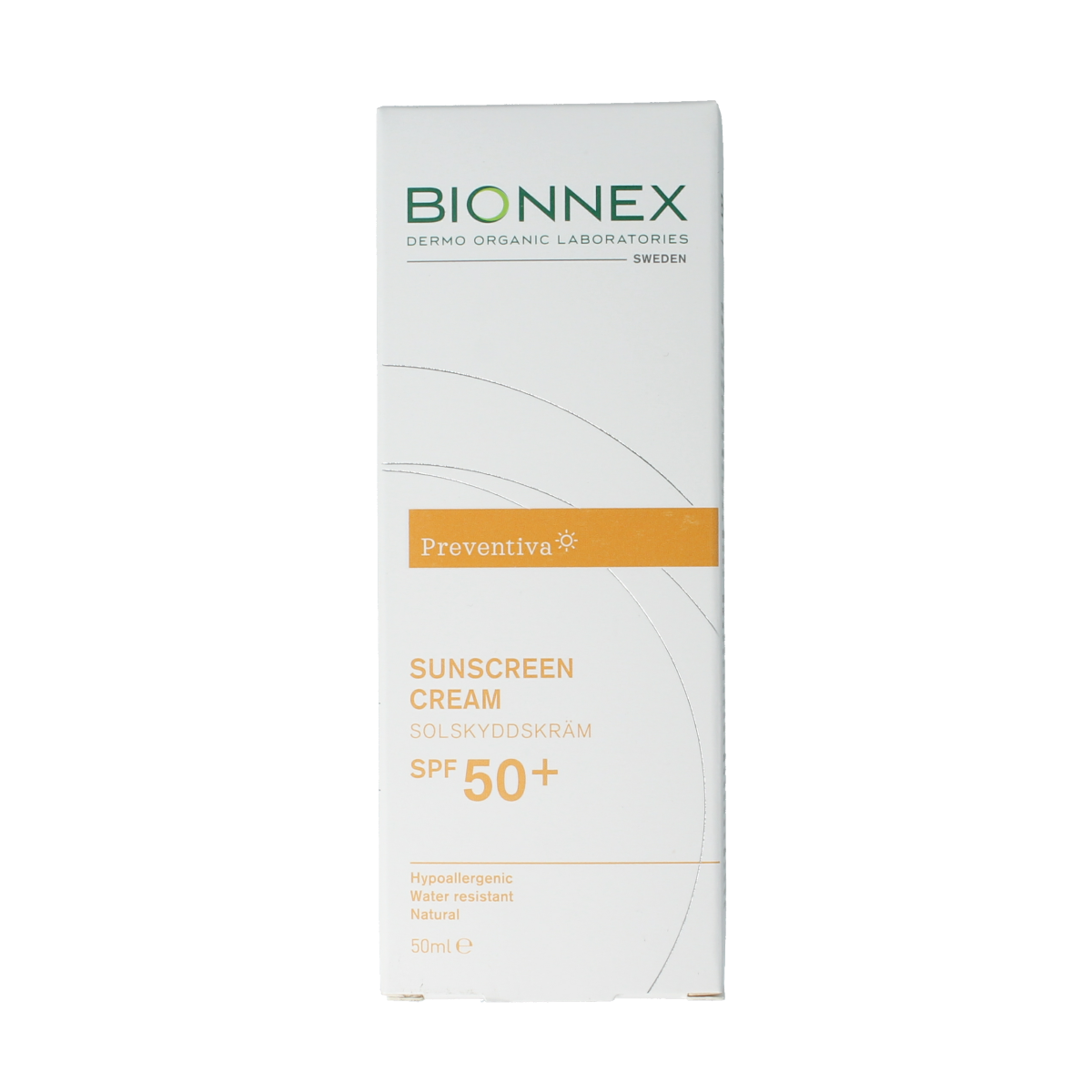Bionnex Preventiva SPF50+ sunscreen cream in 50ml tube, providing high sun protection with broad-spectrum SPF for daily use.