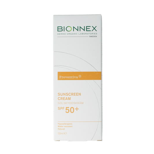 Bionnex Preventiva SPF50+ sunscreen cream in 50ml tube, providing high sun protection with broad-spectrum SPF for daily use.