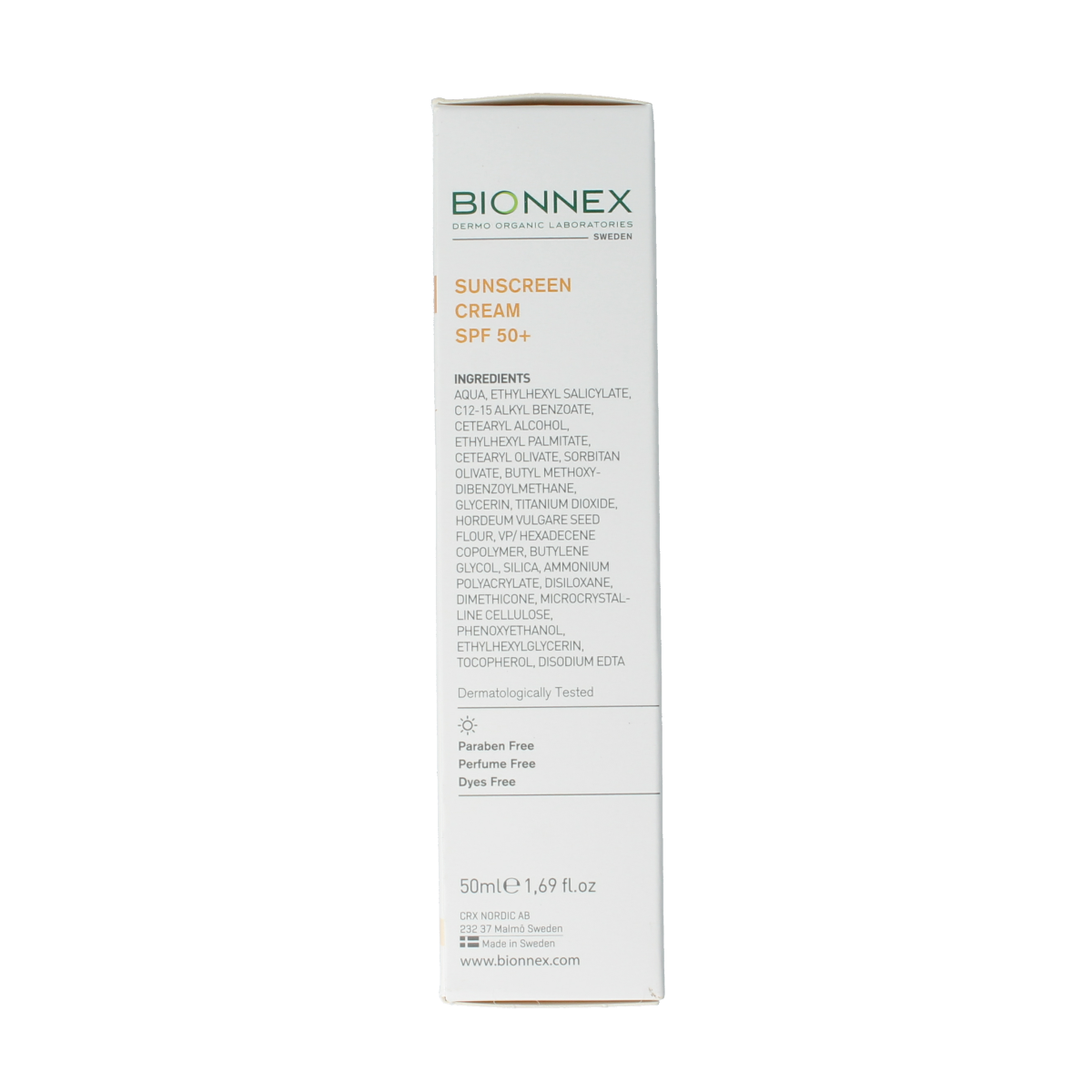 Bionnex Preventiva SPF50+ sunscreen cream in 50ml tube, providing high broad-spectrum sun protection.