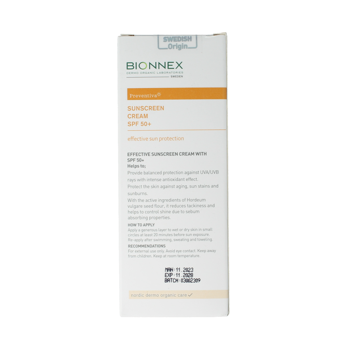 Bionnex Preventiva SPF50+ sunscreen cream in 50ml tube, providing broad-spectrum sun protection.