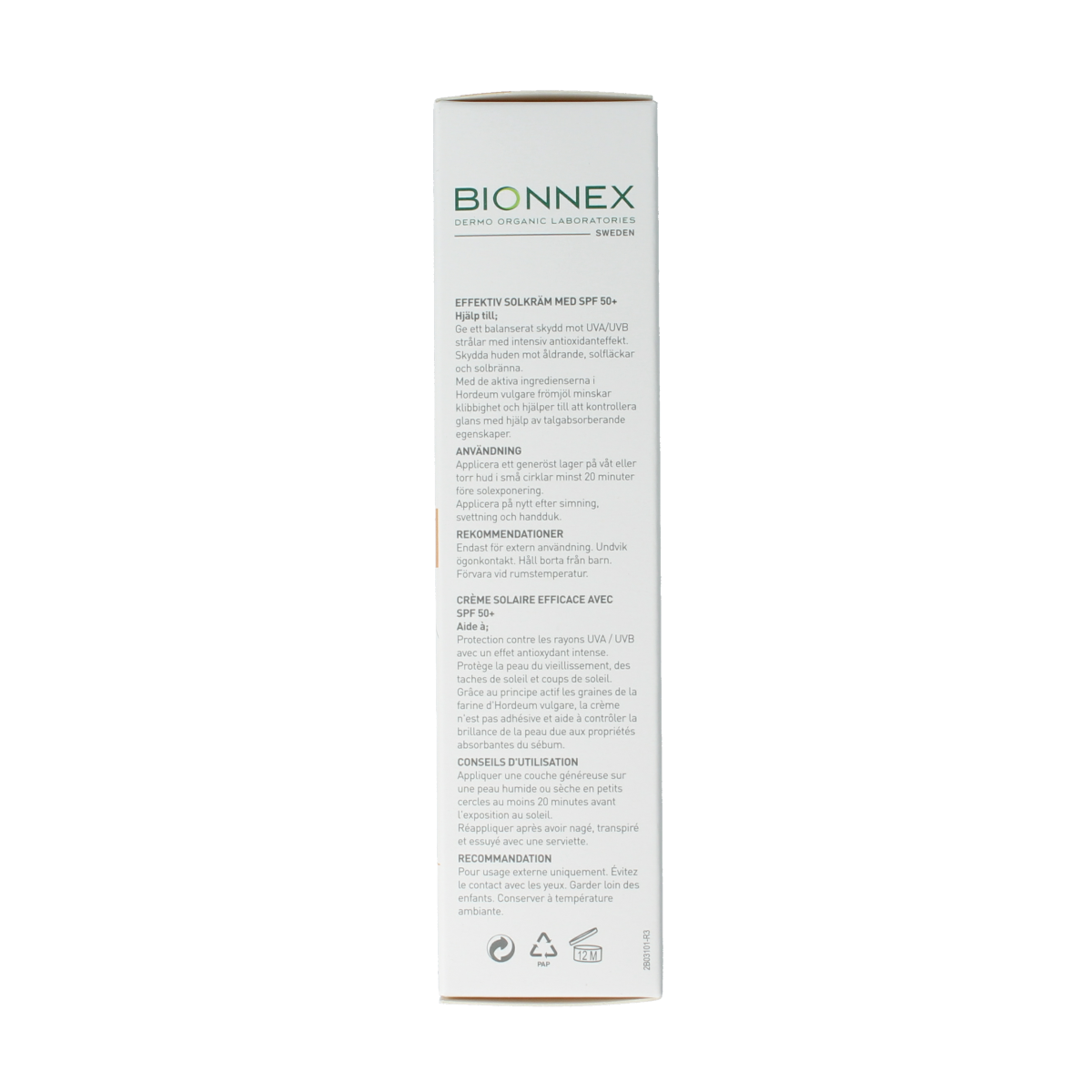 Bionnex Preventiva SPF50+ sunscreen cream in 50ml tube, protective sun care product with broad-spectrum sunblock for outdoor use.