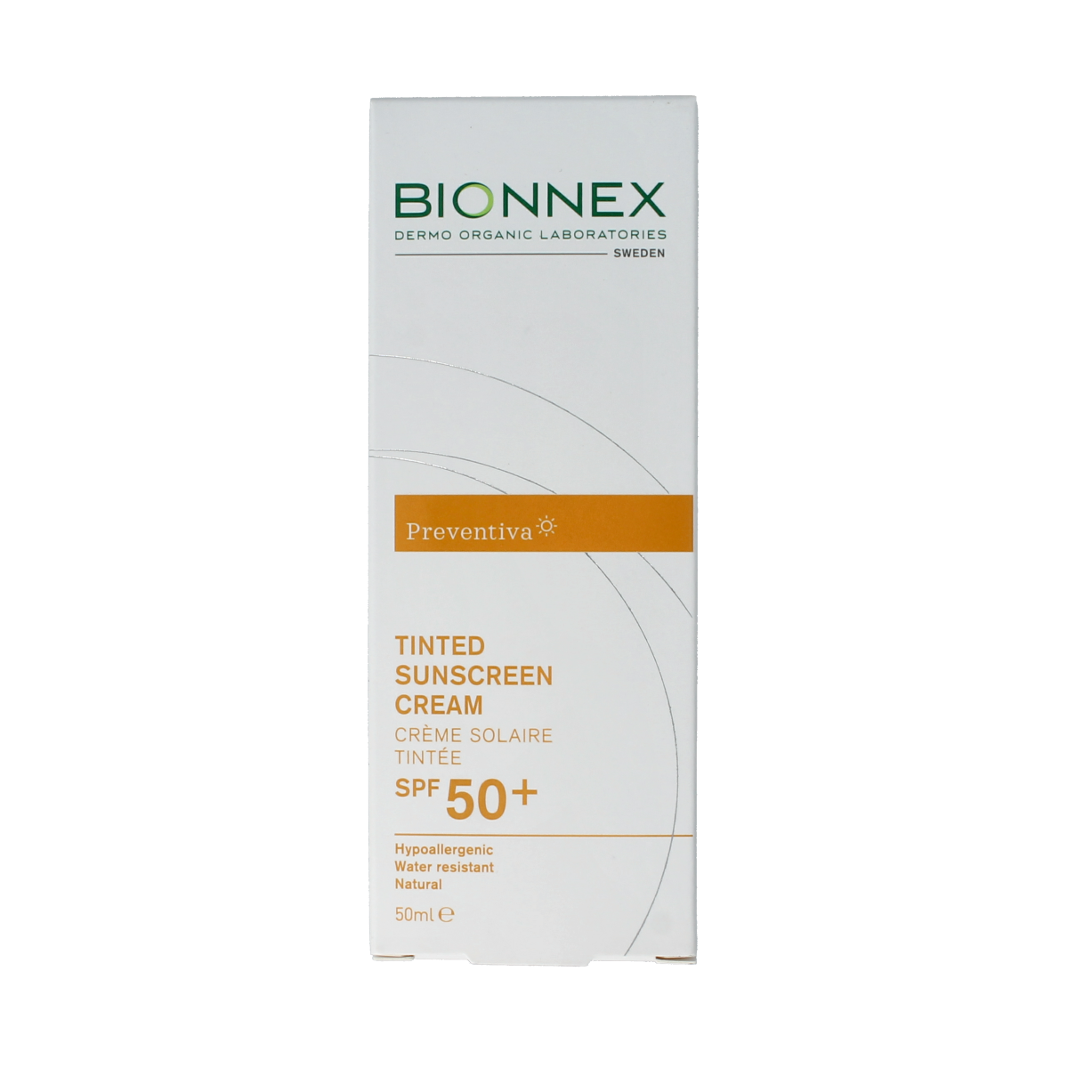 Bionnex Preventiva sun tinted SPF50 sunscreen in 50ml tube, designed for sun protection with a tinted formula.