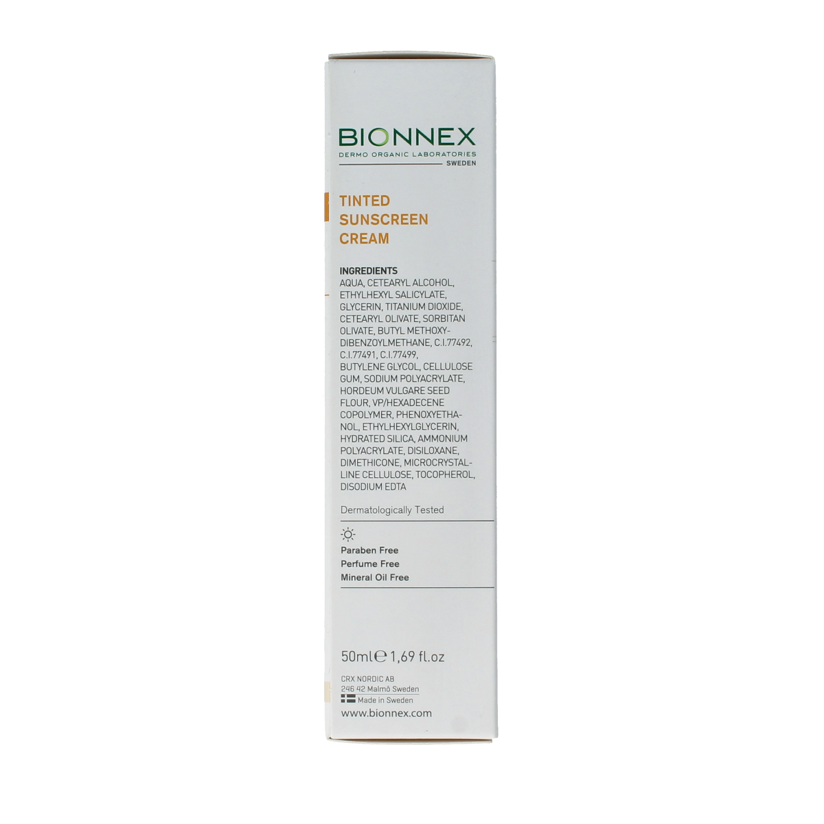 Bionnex Preventiva sun tinted SPF50 sunscreen in 50ml tube, designed for sun protection with a tinted formula.
