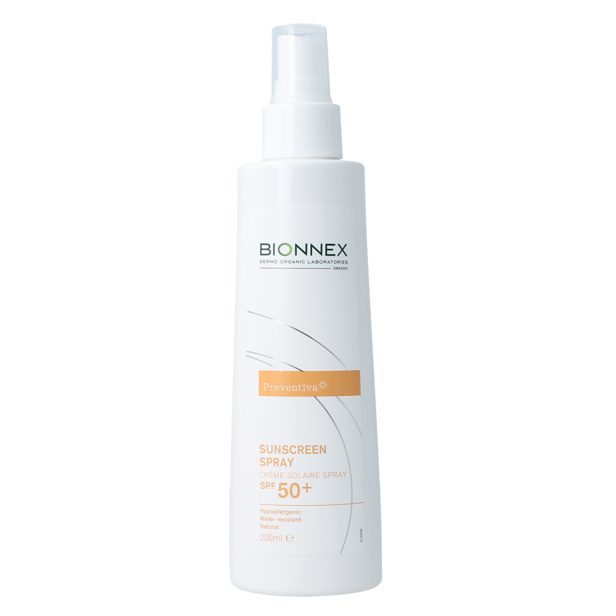 Bionnex Preventiva SPF50 sunscreen spray in 200ml bottle, sun protection product with spray nozzle and printed label.